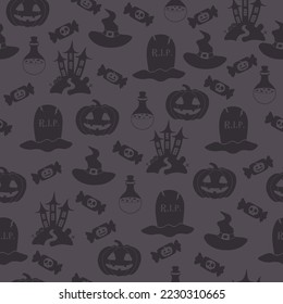 Vector Halloween pattern with candy,grave,Halloween pumpkin,witch hat,castle,potion flask.Use for event invitation,discount voucher,advertising,greeting card,logo,packaging,textile,web.