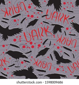 Vector halloween pattern with crows,   bloody drops and inscriptions on a grey background. Seamless pattern can be used for wallpaper, pattern fills, web page background, surface textures.