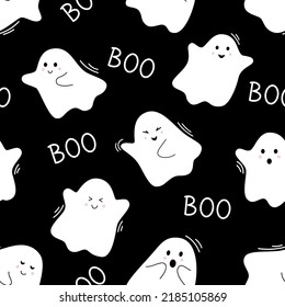 Vector halloween pattern with cute ghosts. Flying spirits and word boo. White phantoms on black background. Doodle ghosts. Seamless pattern.