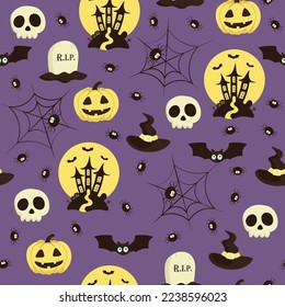 Vector Halloween pattern with grave,bat,skull,Halloween pumpkin,witch hat,spider and web, castle.Use for event invitation,discount voucher,advertising,greeting card,logo,packaging,textile,web.