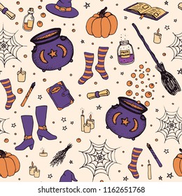 Vector Halloween pattern with hand drawn pumpkin, cauldron, spider web, potions, magic books, witch’s broom, hat, socks and boots in sketchy style on beige background. Holiday decoration.