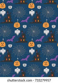 Vector Halloween pattern with houses, bats,webs, ghosts