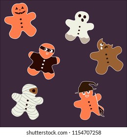 Vector Halloween pattern illustration of 6 cartoon cookies in party costume of pumpkin, ghost, witch with a hat and broom, mummy, bitten gingerbread man