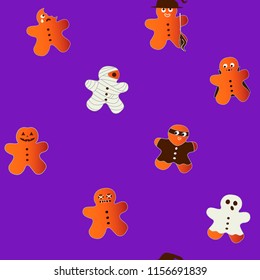 Vector Halloween pattern illustration of 8 cartoon cookies in party costume of pumpkin, ghost, witch with a hat and broom, mummy, bitten gingerbread man 