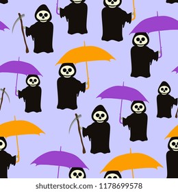 Vector halloween pattern popular background with cute trendy skull monster, reaper character holding umbrella. Multicolor style for baby, kids, and children fashion print and wrapping textile.