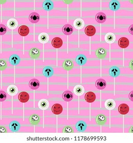 Vector halloween pattern popular background with girly creepy candy cute monster face. Multicolor style for baby, kids, and children fashion print and wrapping textile.