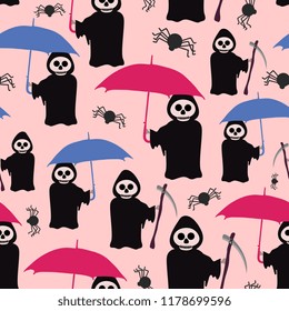 Vector halloween pattern popular background with funny ghost character of reaper skull and spider. Multicolor style for baby, kids, and children fashion print and wrapping textile.
