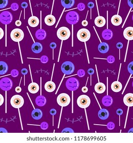 Vector halloween pattern popular background with colorful feminine candy creepy face. Multicolor style for baby, kids, and children fashion print and wrapping textile.