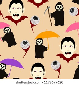 Vector halloween pattern popular background with dracula, reaper, and creepy eye. Multicolor style for baby, kids, and children fashion print and wrapping textile.
