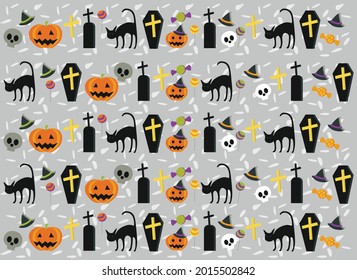 Vector Halloween pattern pumpkin, skull, candies.