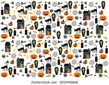 Vector Halloween pattern pumpkin, skull, candies.
