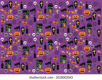 Vector Halloween pattern pumpkin, skull, candies.