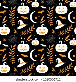 Vector Halloween pattern with pumpkins, spider webs, leaves, bats, witch hats, moon and stars. Autumn holiday background. Spooky fall texture to create seamless background