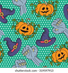 Vector halloween pattern, seamless background with pumpkin, wizard hat, zombie hands. Hand drawn colorful trick or treat pattern.