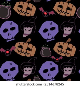Vector Halloween pattern, seamless pattern with simple cartoon graphic for Halloween theme design, black background with flat colors.