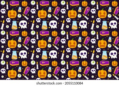 vector halloween pattern with skull, coffin, candle, pumpkin, and eyeball