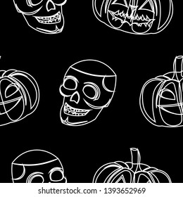 Vector Halloween pattern. Skull, pumpkin on a black background. Design of party, holiday, gift, greeting card, invitation.