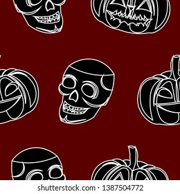 Vector Halloween pattern. Skulls, pumpkins on a red background. Design of party, holiday, gift, greeting card, invitation.

