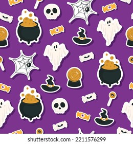 Vector Halloween pattern with sticker candy,ghost,witch hat,potion cauldron,magic ball.Use for event invitation,discount voucher,advertising,greeting card,logo,packaging,textile,web.