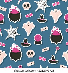 Vector Halloween pattern with sticker candy,ghost,witch hat,potion cauldron,magic ball.Use for event invitation,discount voucher,advertising,greeting card,logo,packaging,textile,web.