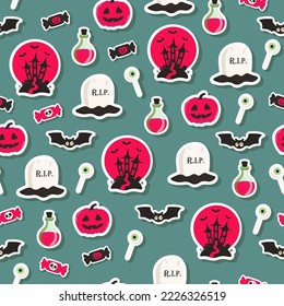 Vector Halloween pattern with sticker candy,grave,bat,Halloween pumpkin,castle,potion flask.Use for event invitation,discount voucher,advertising,greeting card,logo,packaging,textile,web.