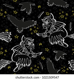 Vector halloween pattern with witches flying on brooms and ravens on black night starry background. Seamless pattern can be used for wallpaper, pattern fills, web page background, surface textures.
