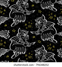 Vector halloween pattern with witches flying on brooms on black night starry background. Seamless pattern can be used for wallpaper, pattern fills, web page background, surface textures.