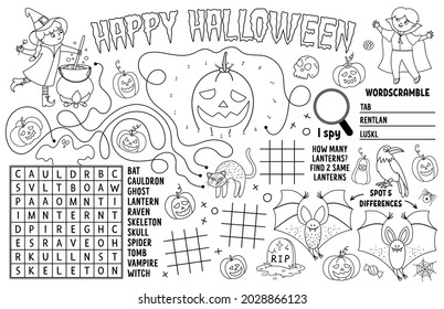 Colocación de Vector Halloween para los niños. Caer la estera de actividad imprimible de vacaciones con labios de labios de labios de labios, conectar los puntos, encontrar la diferencia. Página de esteras de juego de otoño en blanco y negro o página de coloreado