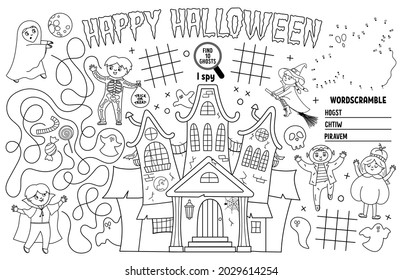 Colocación de Vector Halloween para los niños. Caer la estera de actividad imprimible de vacaciones con labios de labios de labios de labios, conectar los puntos, encontrar la diferencia. Página de esteras de juego de otoño en blanco y negro o página de coloreado