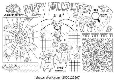 Vector Halloween placemat for kids. Fall holiday printable activity mat with maze, tic tac toe charts, connect the dots, find difference. Black and white autumn play mat or coloring page