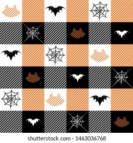 Vector Halloween plaid orange black white with cat, bat, and spider web. Spooky holiday graphic for  fabric, wallpaper or package design products