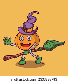 Vector halloween playing broomstick fly with cute character vector illustration