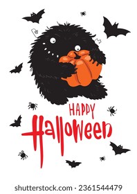 Vector Halloween postcard with a cute monster and a pumpkin, EPS10