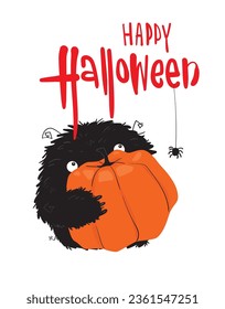 Vector Halloween postcard with a cute monster and a pumpkin