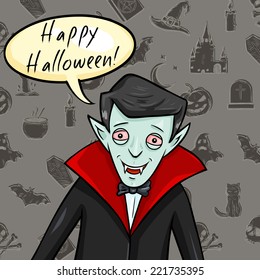  Vector Halloween Postcard. Smiling Vampire with Bubble - Happy Halloween.
