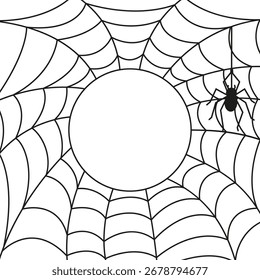 Vector Halloween postcard for text with spiderweb and web. Spooky illustration for invitation cards in doodle style. Design for print and web graphics.