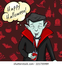 Vector Halloween Postcard. Vampire with Bubble - Happy Halloween. Red Pattern Background