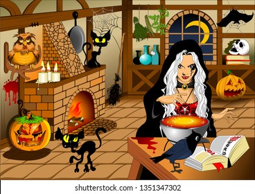 Vector Halloween poster background card with cute young witch
