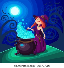 Vector Halloween poster background card with cute young witch.