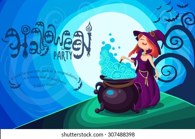 Vector Halloween poster background card with cute young witch.