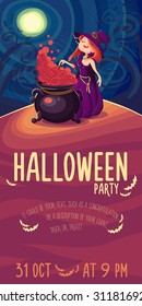 Vector Halloween poster background card with cute young witch.