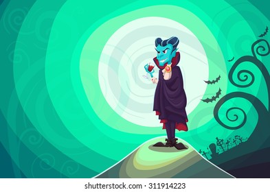 Vector Halloween poster background card with vampire Dracula