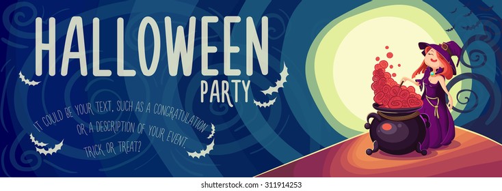 Vector Halloween poster background card with cute young witch.