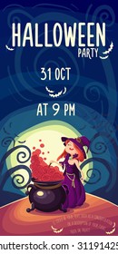 Vector Halloween poster background card with cute young witch.