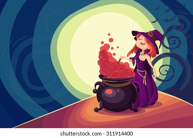 Vector Halloween poster background card with cute young witch.