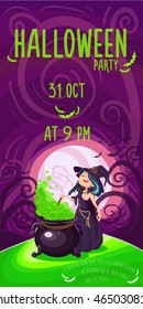Vector Halloween poster background card with cute young witch.