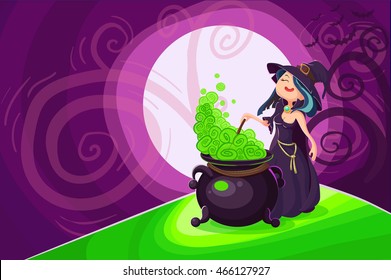 Vector Halloween poster background card with cute young witch.