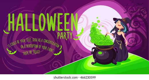 Vector Halloween poster background card with cute young witch.