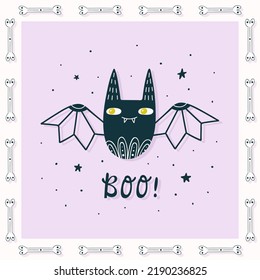 VektorHalloween-Poster. Kleiner handgezeichneter Fledermaus und Zierrahmen von Knochen. Bootschreiben.