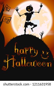 Vector Halloween poster. Dancing skeleton. In the style of cartoon. EPS 10